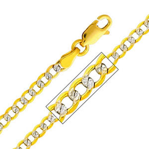 14K Yellow Gold White Pave 3.4mm Hollow Cuban Concave Curb Link Chain Necklace