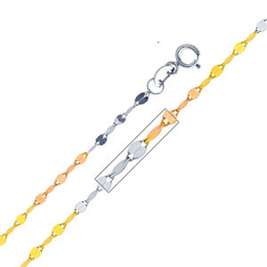 14K Tri Color Gold 1.7mm Twisted Mirror Chain Necklace with Spring Ring Clasp