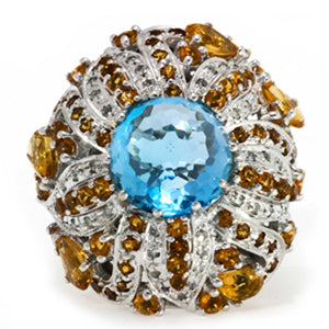 14k White Gold Blue Topaz Citrine Diamond Birthstone Ring 7.75