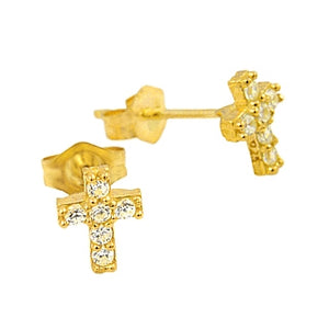 925 Sterling Silver Gold Plated Pave Cubic Zirconia Cross Post Earrings