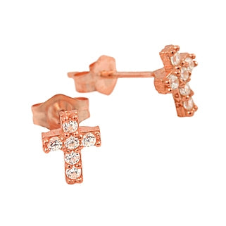 925 Sterling Silver Rose Gold Plated Pave Cubic Zirconia Cross Post Earrings