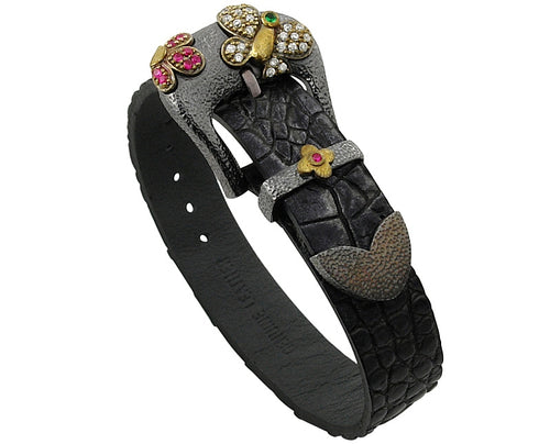 STERLING SILVER BLACK LEATHER BUCKLE BRACELET WITH COPPER BRASS AND SIGNITY CUBIC ZIRCONIA 9 Inch