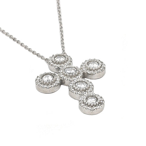 RHODIUM PLATED CZ ROUNDED CROSS NECKLACE 16