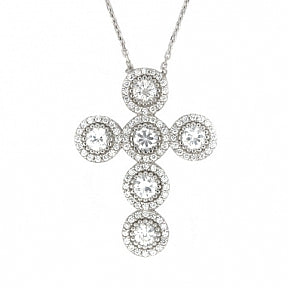 RHODIUM PLATED CZ ROUNDED CROSS NECKLACE 16"+1" ADJUSTABLE