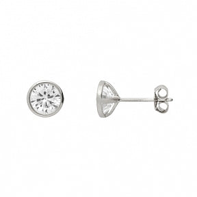 6.5MM RHODIUM ROUND BEZEL SET CZ STUD EARRING