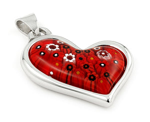 925 Sterling Silver Millefiori Red Electroform Curved Heart Pendant