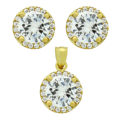 925 Sterling Silver Nickel Free Gold Plated Set: 7.5mm Round Cubic Zirconia
