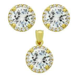 925 Sterling Silver Nickel Free Gold Plated Set: 7.5mm Round Cubic Zirconia