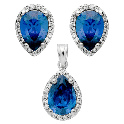 925 Sterling Silver Nickel Free Rhodium Plated Set: Blue 7X10mm