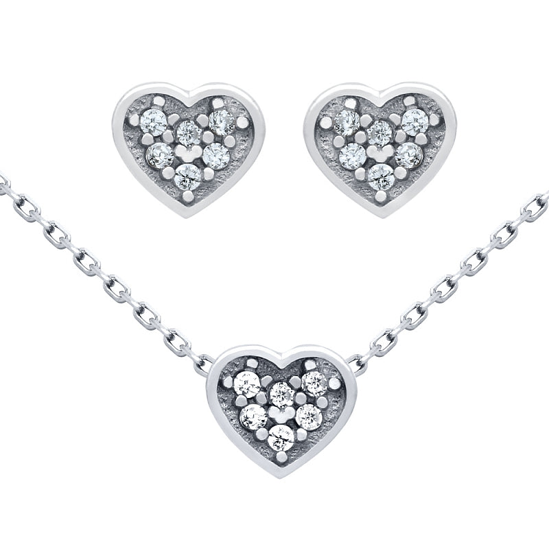 .925 Sterling Silver Nickel Free Rhodium Plated Set: Heart Shaped Cubic Zirconia Cluster