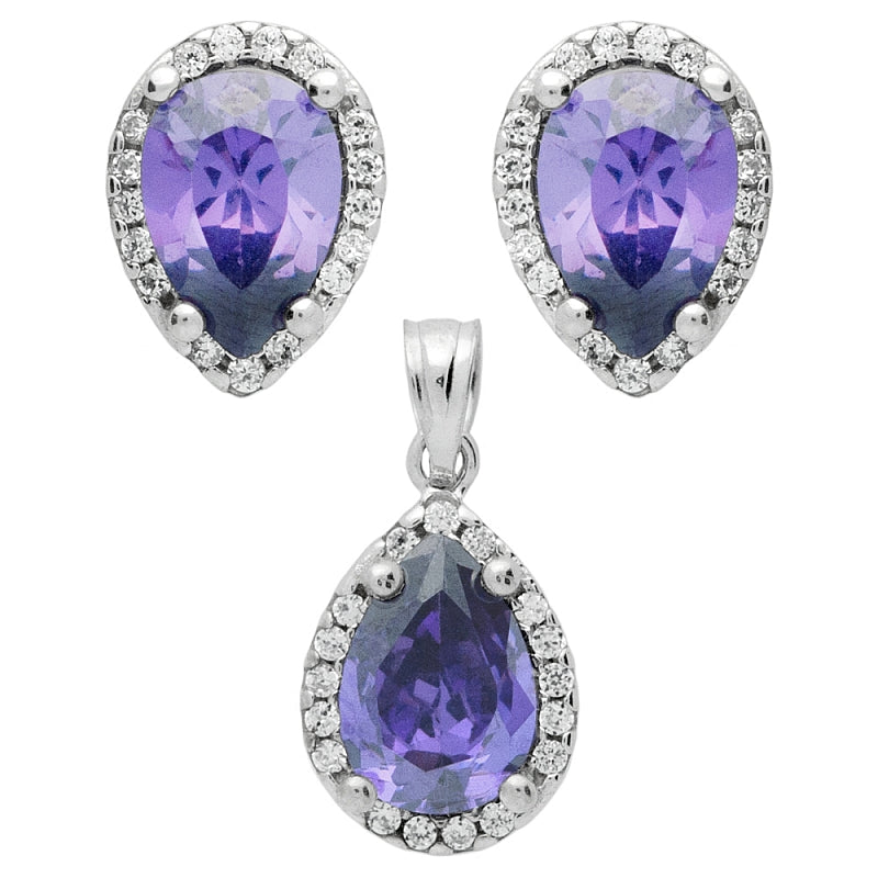 .925 Sterling Silver Nickel Free Rhodium Plated Set: Purple 7X10mm Pear Shape Cubic