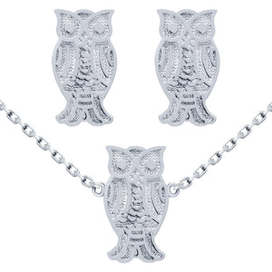 .925 Sterling Silver Nickel Free Rhodium Plated Set: Owl Earrings And 16+2" Necklace