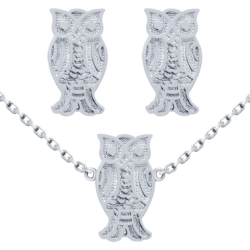 .925 Sterling Silver Nickel Free Rhodium Plated Set: Owl Earrings And 16+2