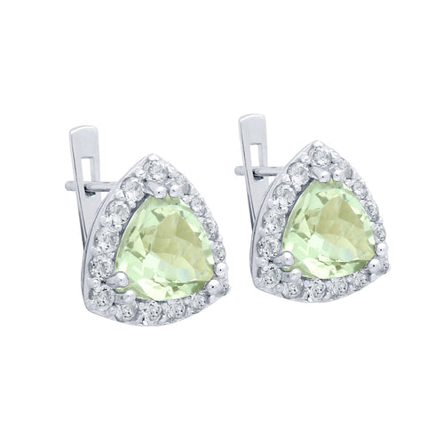 .925 Sterling Silver Trilliant-Cut Genuine Green Amethyst Earrings With White Topaz Halo