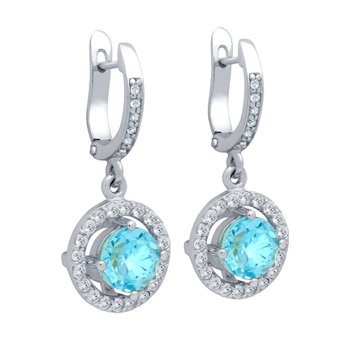 .925 Sterling Silver Round Brilliant-Cut Genuine Swiss Blue Topaz Earrings With White Topaz Halo