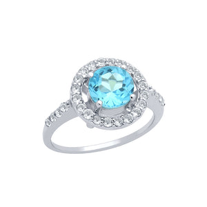 .925 Sterling Silver Round Brilliant-Cut Genuine Swiss Blue Topaz Ring With White Topaz Halo