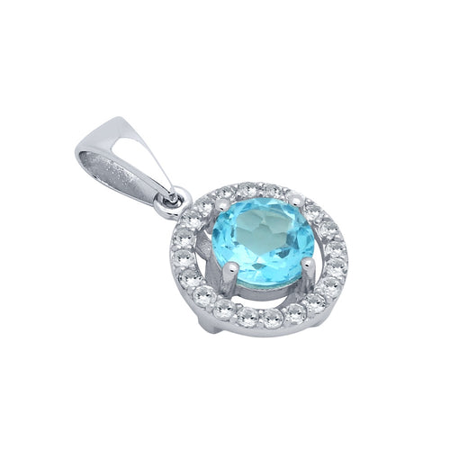 .925 Sterling Silver Round Brilliant-Cut Genuine Swiss Blue Topaz Pendant With White Topaz Halo