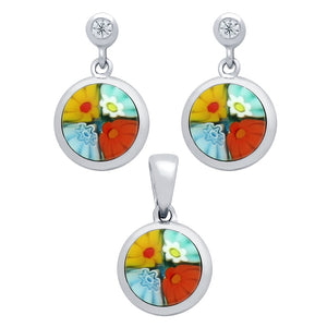 .925 Sterling Silver Nickel Free Millefiori Set: Multi-Color 8mm Round Earrings With Cubic