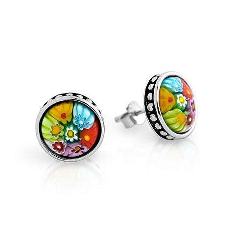 .925 Sterling Silver Nickel Free Multicolor Millefiori 10mm Round Stud Earrings With Beaded Design