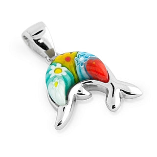 .925 Sterling Silver Nickel Free Multicolor Millefiori Dolphin Pendant