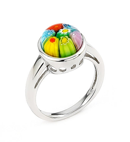 925 Sterling Silver Multi Color Millefiori 10mm Round Ring