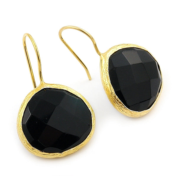 925 Sterling Silver Gold Plated And Onyx Fishhook Earrings