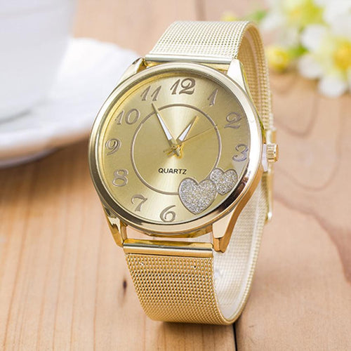 Luxury Gold Watches Women Mesh Stainless Steel Heart Ladies Dress Watch Quartz