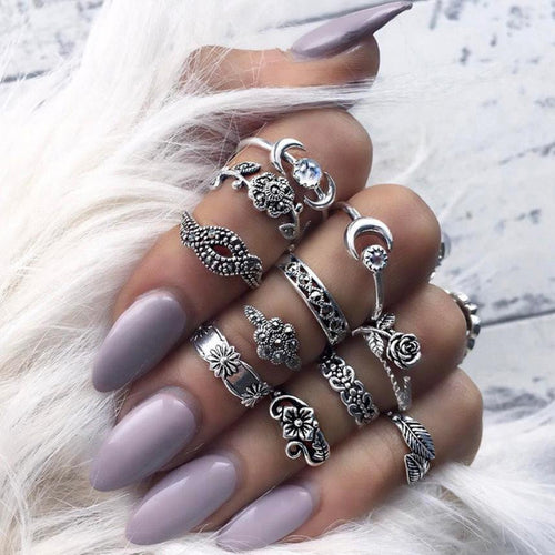 11pcs/Set Women Bohemian Vintage Silver Stack Rings Above Knuckle