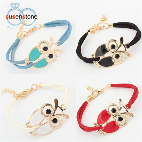 SUSENSTONE New Fashion Womens Girls Vintage Owl Decoration Faux Leather Bracelets