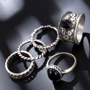 Vintage 5 PCS Ring Set Punk Silver Color Stone Rings For Women/Men Bead Finger Gold Color Ring